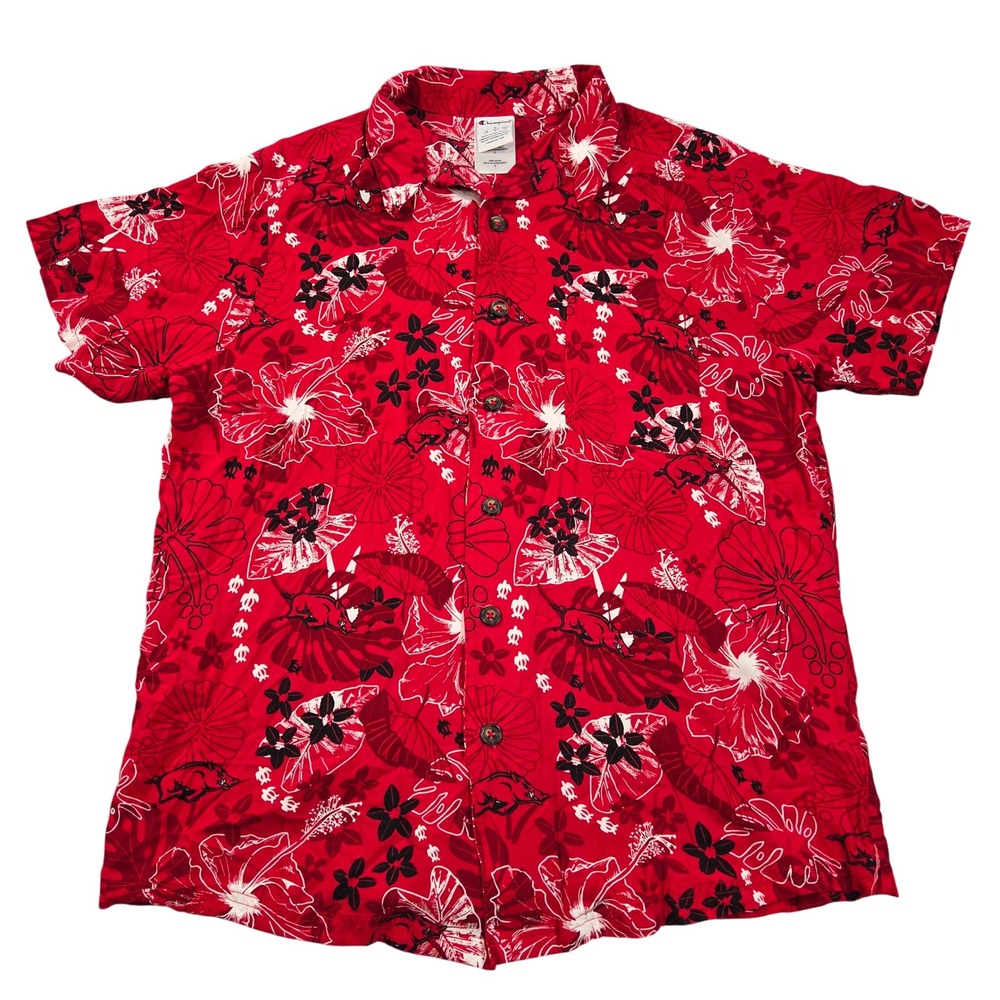 Arkansas Razorbacks Hawaiian Shirt Mens Large Red Champion Floral Tropical